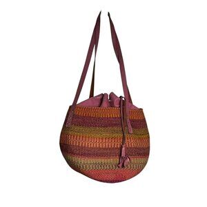 Vintage Woven Sisal Market Basket Tote Bag Leather Drawstring Closure Raffia